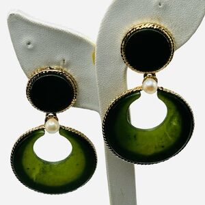 Huge Vintage Swoboda Jade and Cultured Pearl Dangle Earrings
